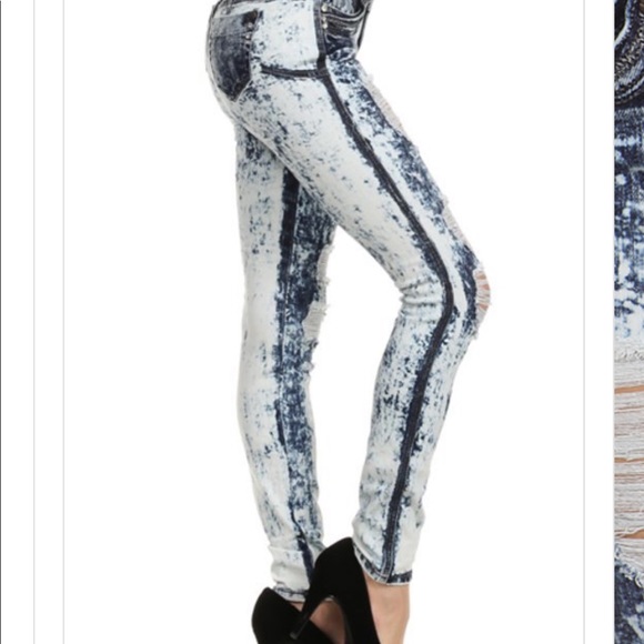 Distressed Skinny Stretch Denim Blue Jeans - Picture 3 of 4